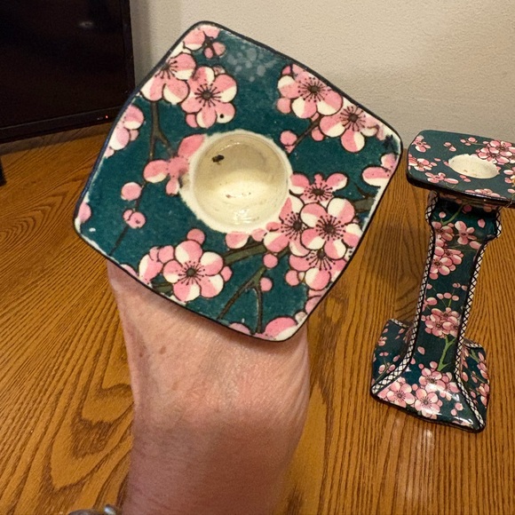 Royal Dalton Prunus Square Candlestick D3833 Dark Green with Pink Flowers - Picture 2 of 8